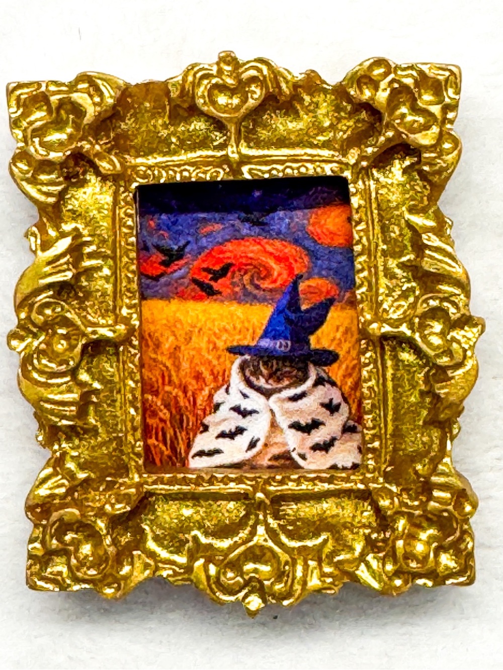 Tiny Halloween Cat Art Magnet in Ornate Gold Frame